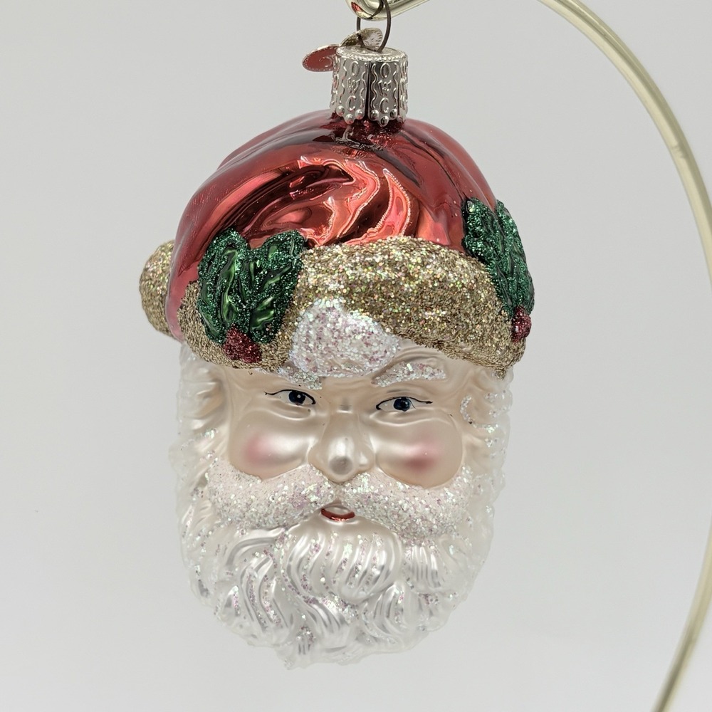 Old World Christmas Santa Face Glass Ornament Glitter Holly OWC 4" Vintage